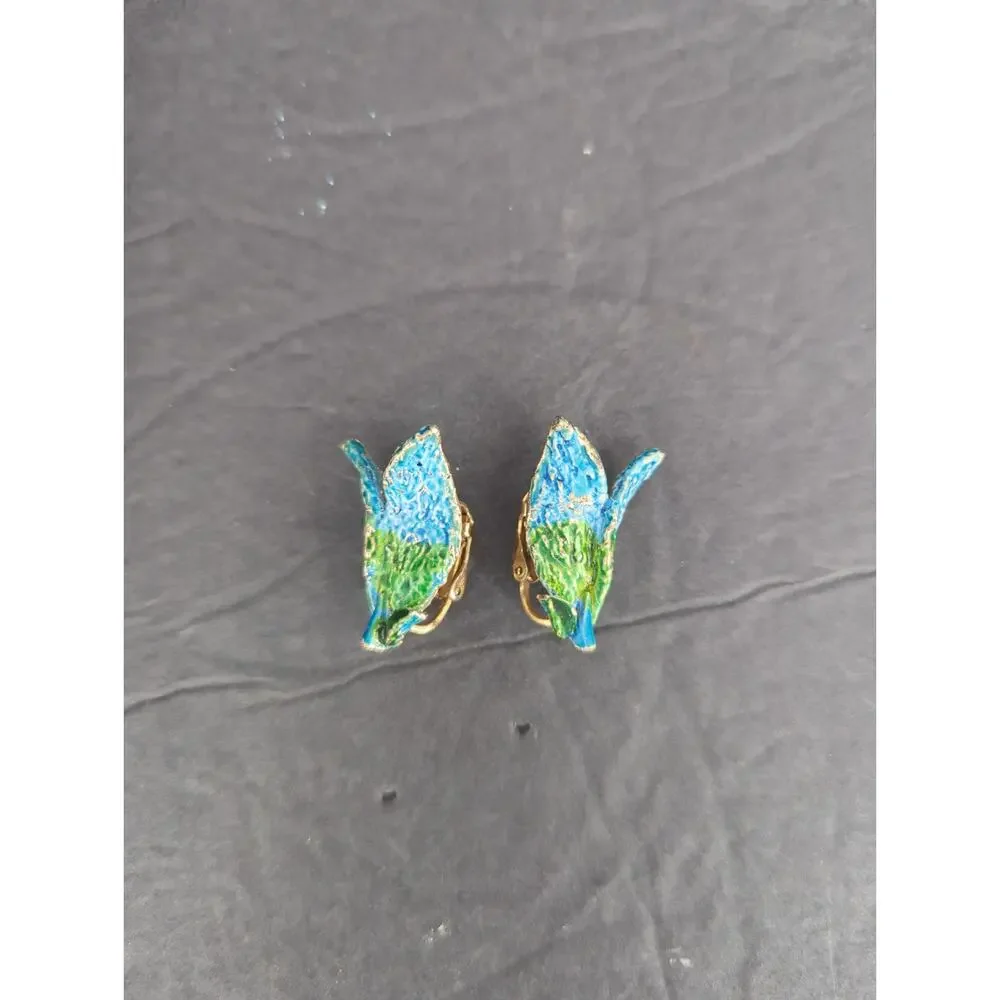 Handmade Blue & Green Leaf Paper Mache Clip On Dangle Earrings Retro Fairycore